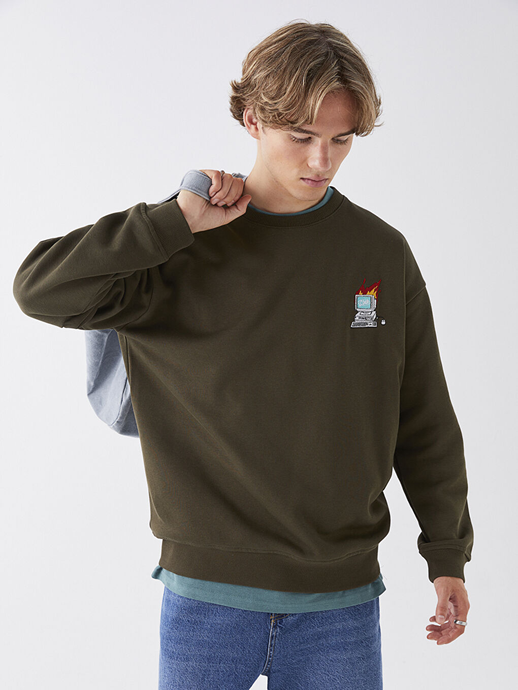 LCW Casual Haki Bisiklet Yaka Uzun Kollu Baskılı Erkek Sweatshirt