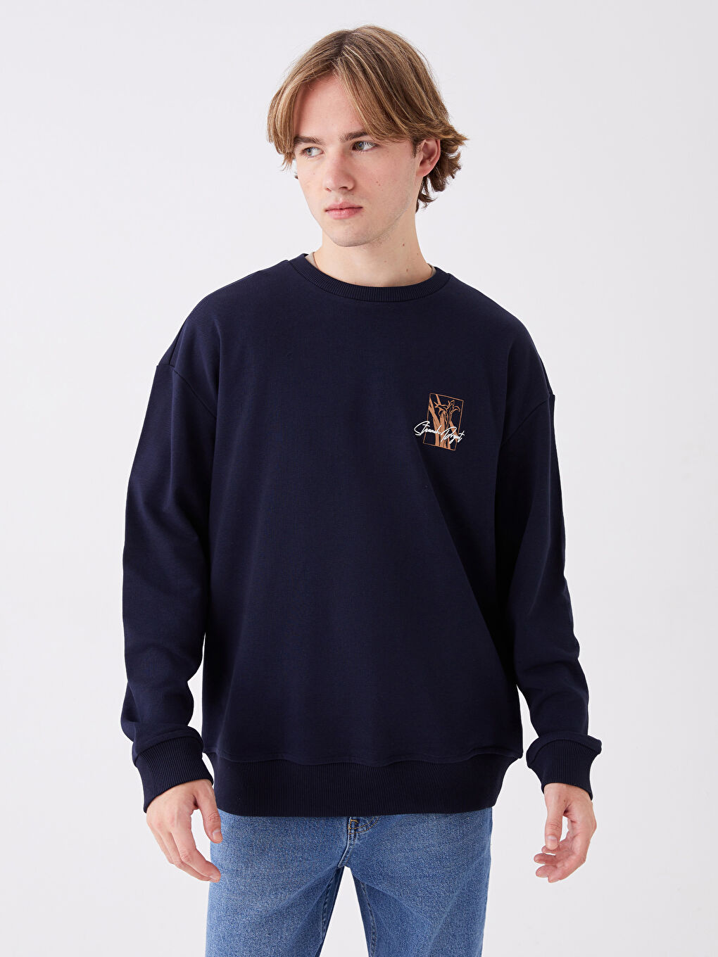 LCW Casual Lacivert Bisiklet Yaka Uzun Kollu Baskılı Erkek Sweatshirt - 1