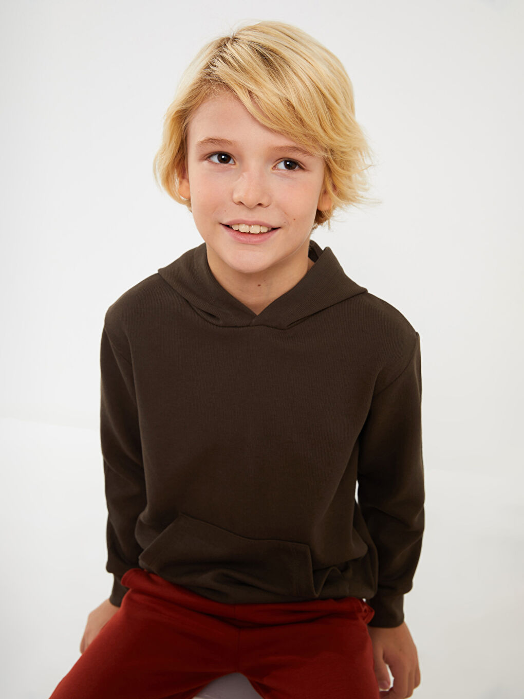 Haki Basic Uzun Kollu Erkek Çocuk Hoodie