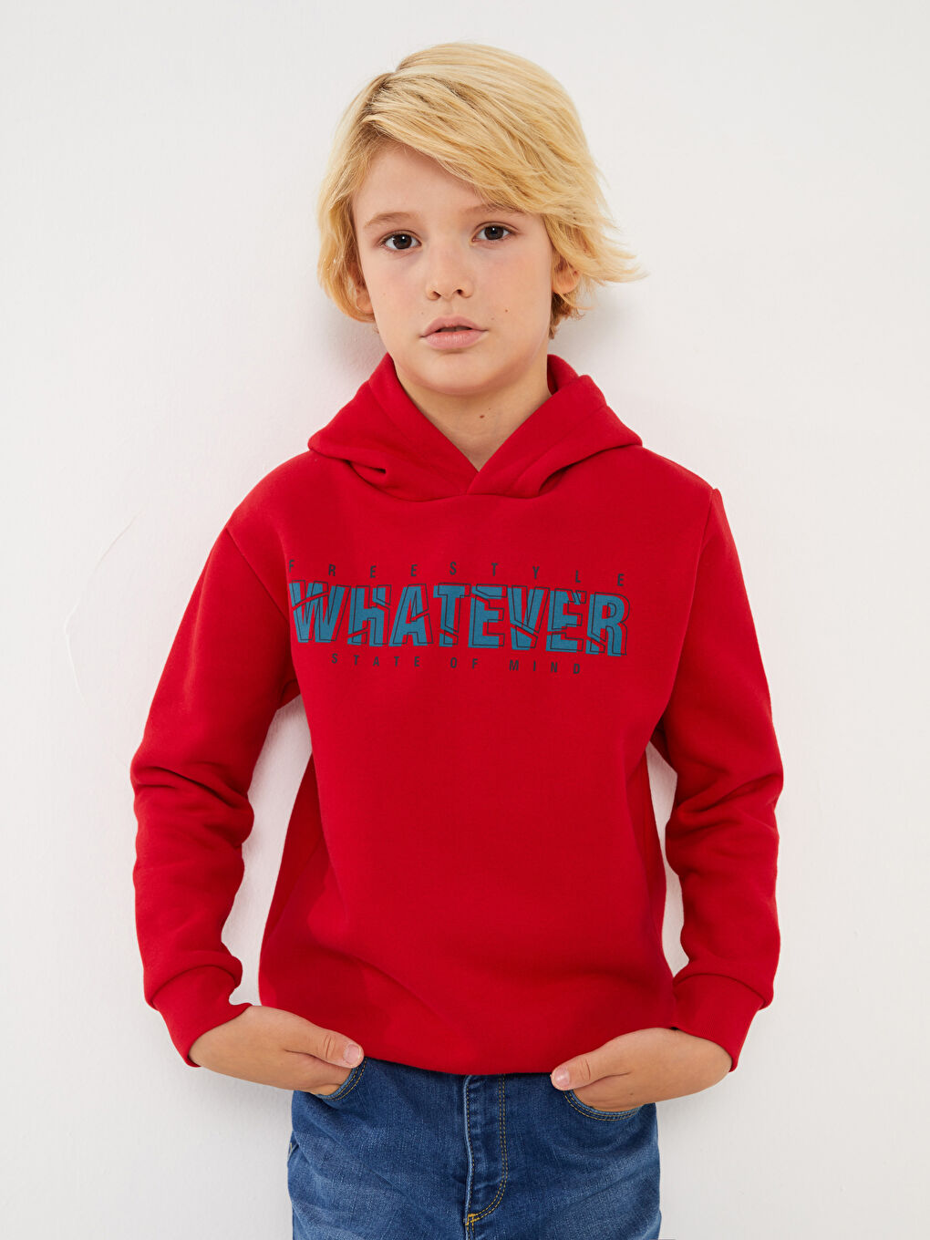 Kırmızı Baskılı Uzun Kollu Erkek Çocuk Hoodie