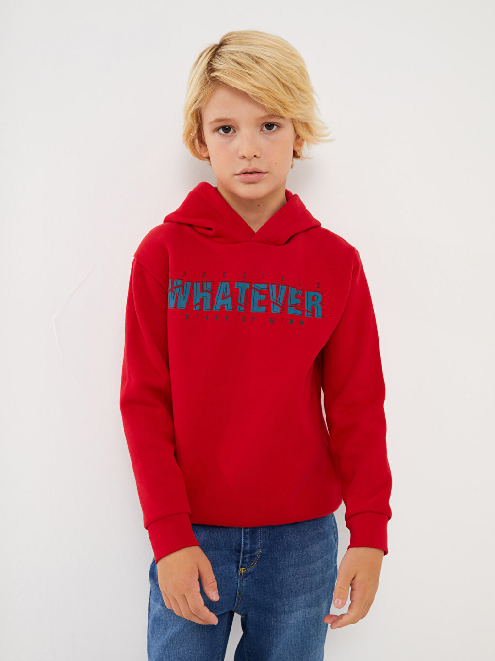 Kırmızı Baskılı Uzun Kollu Erkek Çocuk Hoodie-1