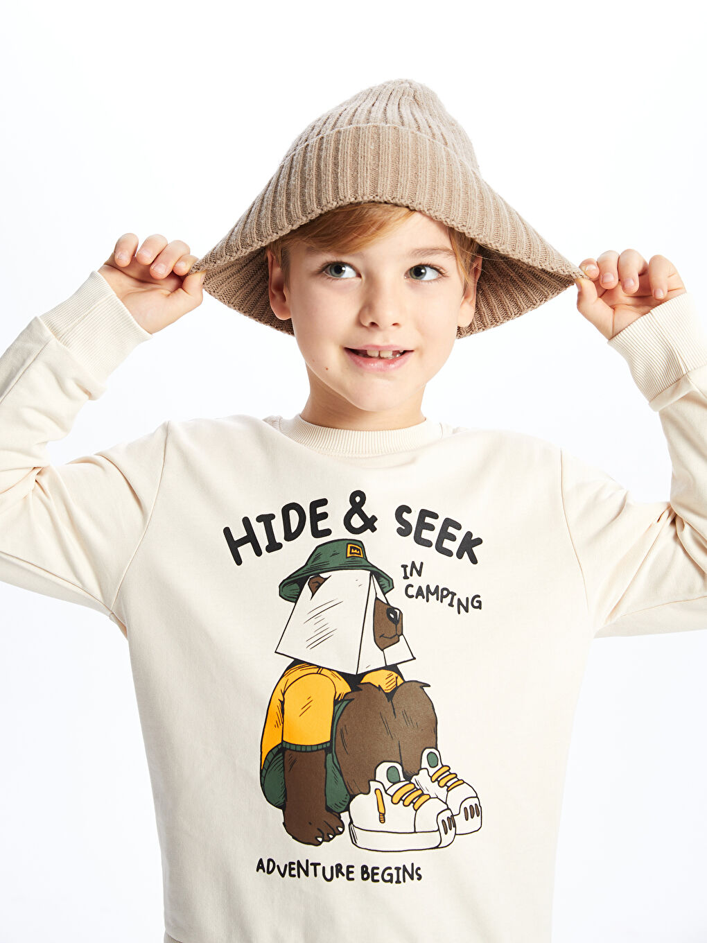 Bej Bisiklet Yaka Baskılı Uzun Kollu Erkek Çocuk Sweatshirt