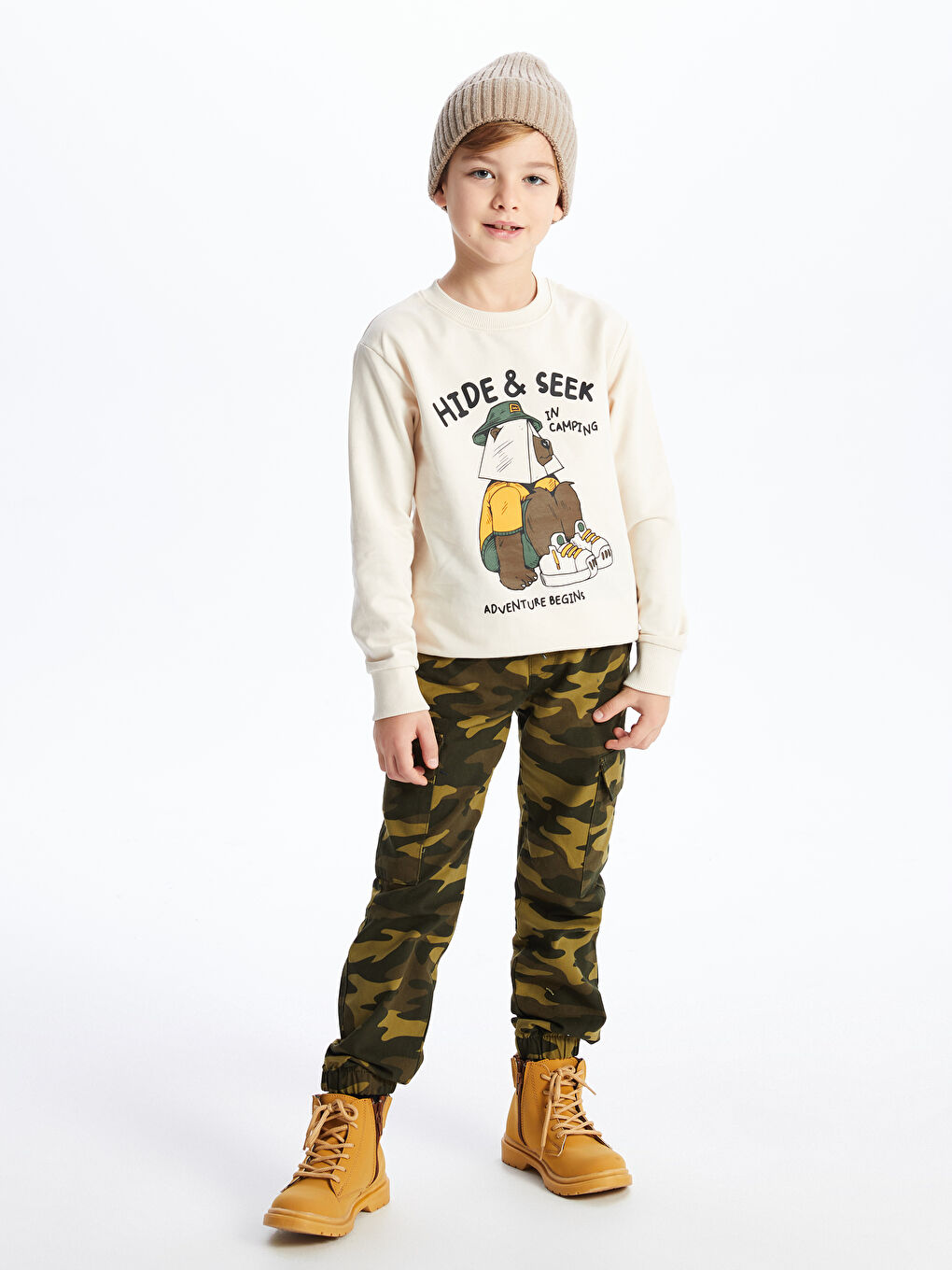 Bej Bisiklet Yaka Baskılı Uzun Kollu Erkek Çocuk Sweatshirt-1