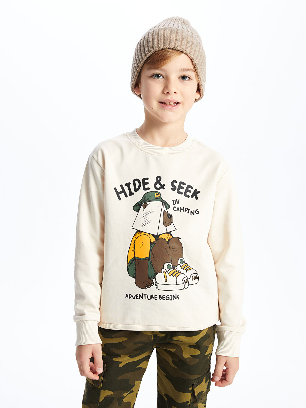 Bej Bisiklet Yaka Baskılı Uzun Kollu Erkek Çocuk Sweatshirt-2