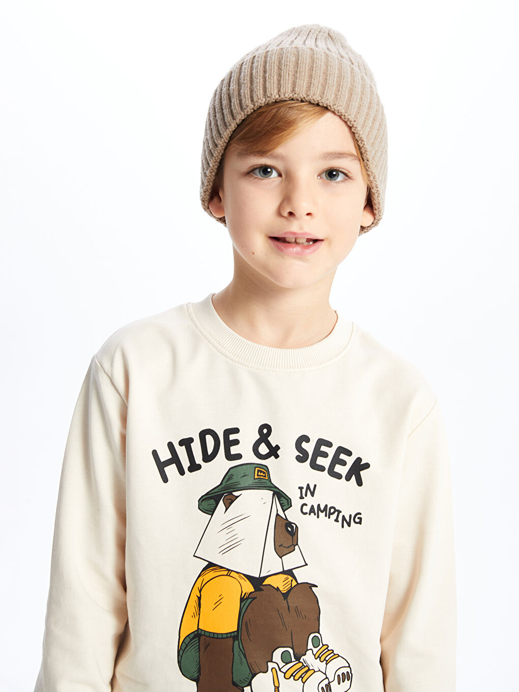 Bej Bisiklet Yaka Baskılı Uzun Kollu Erkek Çocuk Sweatshirt-3