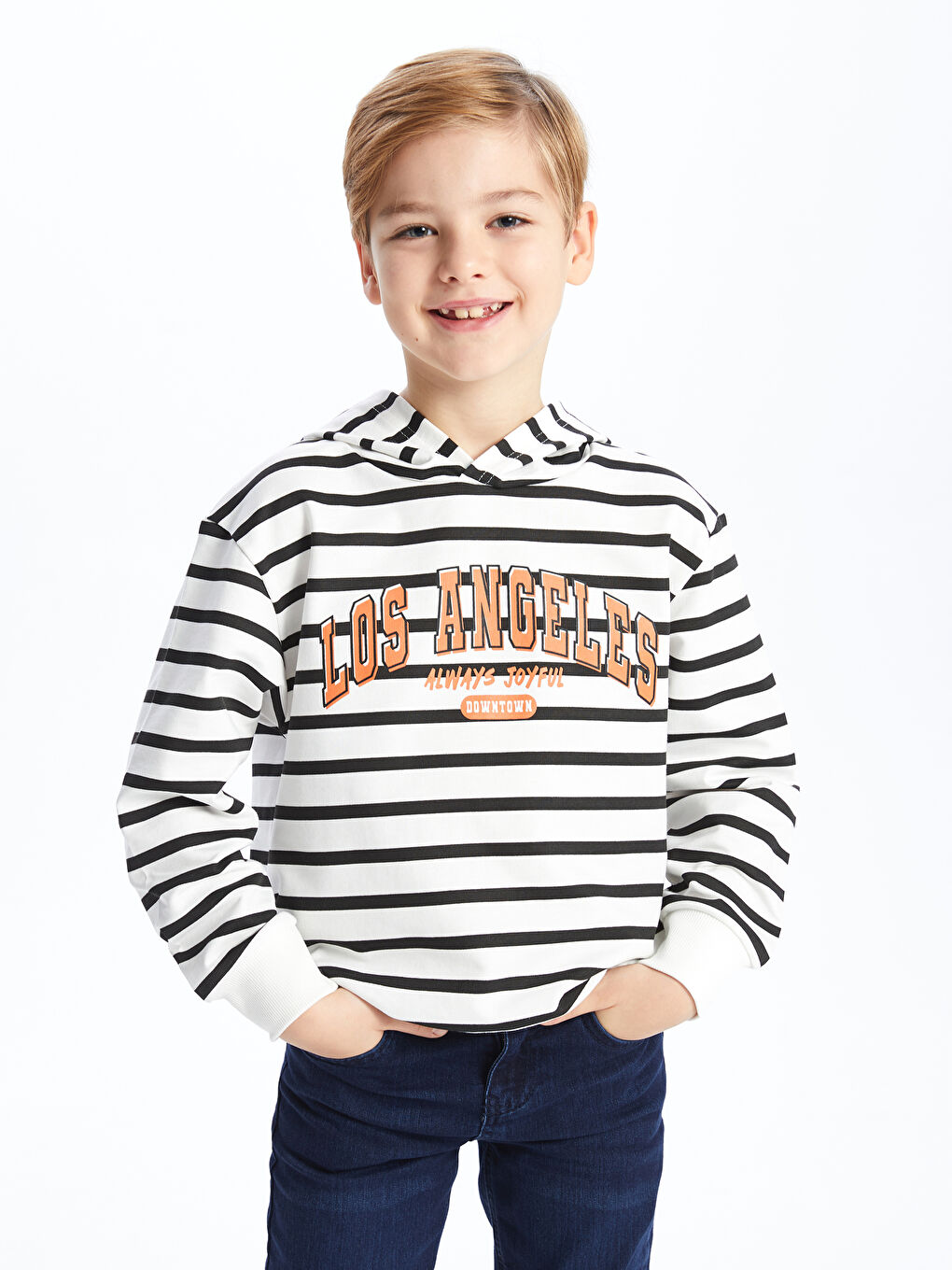 LCW Kids Siyah Baskılı Rahat Kalıp Çizgili Erkek Çocuk Hoodie - 2