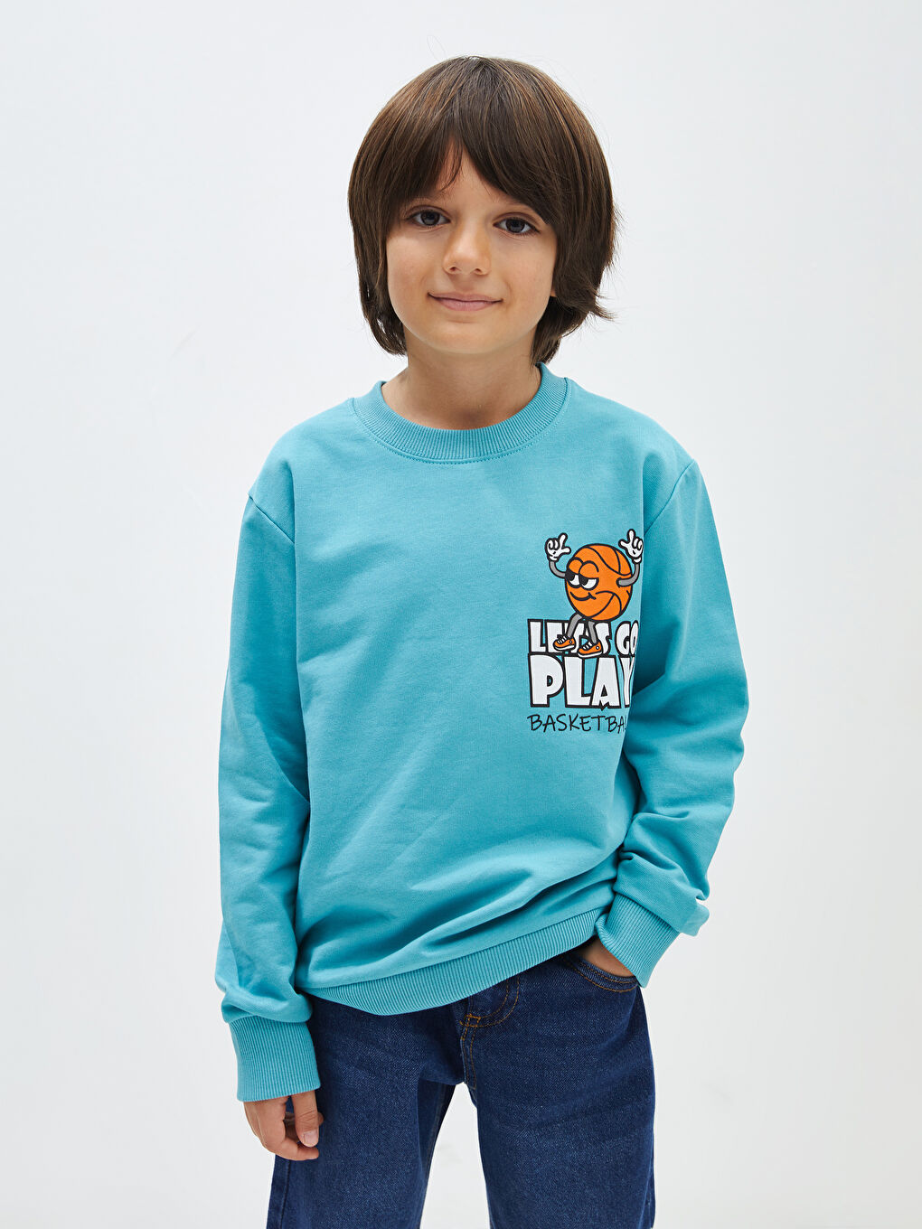 LCW Kids Mat Turkuaz Bisiklet Yaka Baskılı Uzun Kollu Erkek Çocuk Sweatshirt