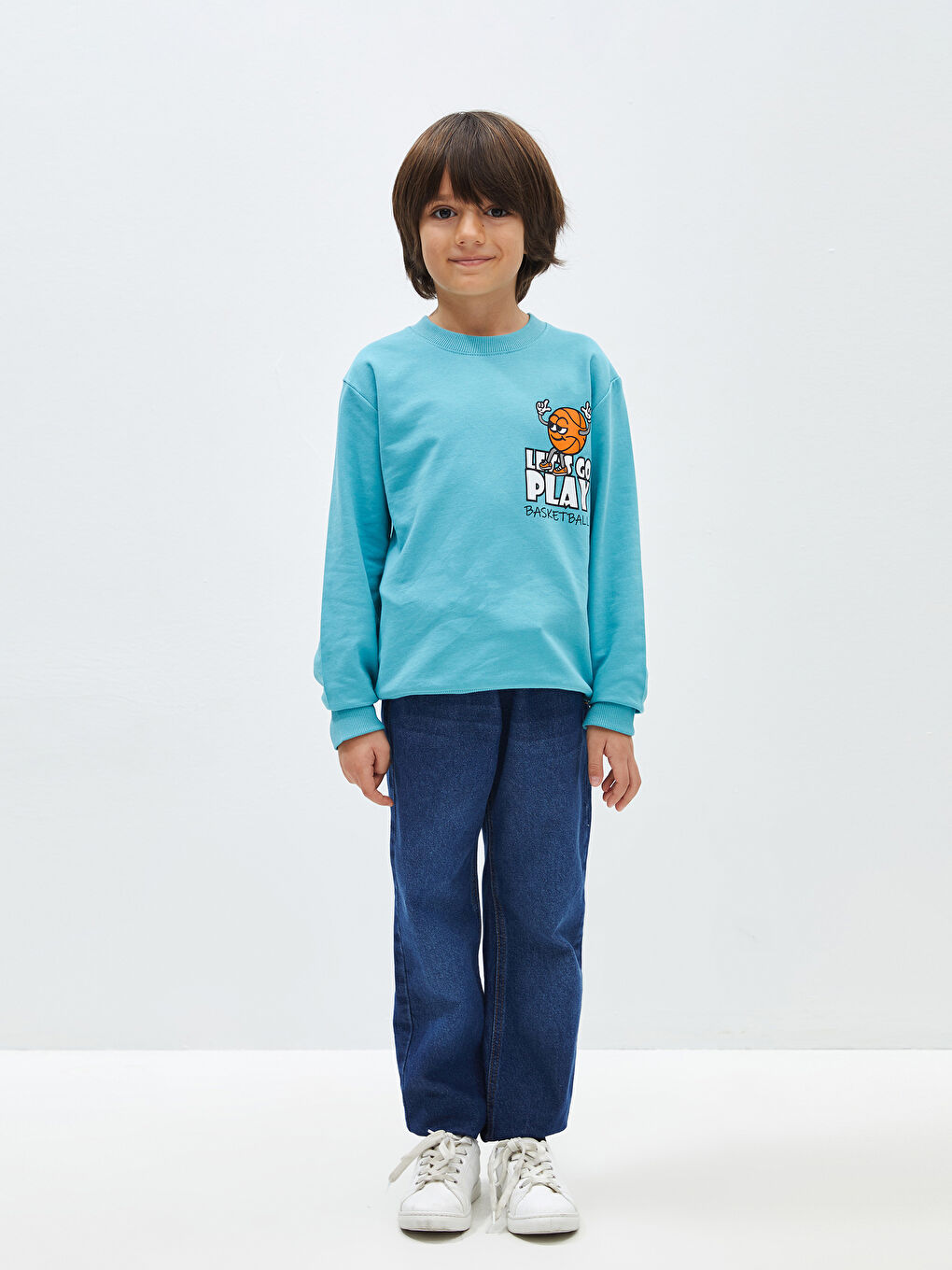 LCW Kids Mat Turkuaz Bisiklet Yaka Baskılı Uzun Kollu Erkek Çocuk Sweatshirt - 1