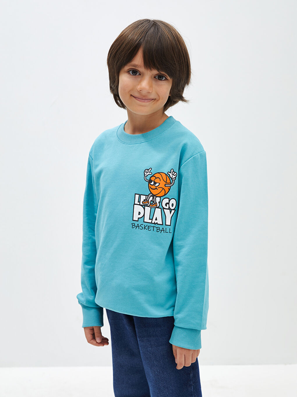 LCW Kids Mat Turkuaz Bisiklet Yaka Baskılı Uzun Kollu Erkek Çocuk Sweatshirt - 2