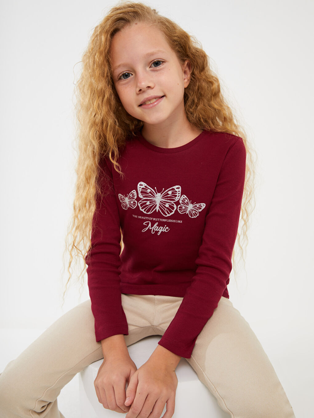 Mürdüm Bisiklet Yaka Baskılı Uzun Kollu Kız Çocuk Tişört