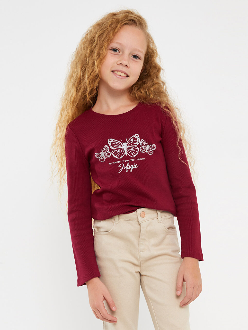 Mürdüm Bisiklet Yaka Baskılı Uzun Kollu Kız Çocuk Tişört-1