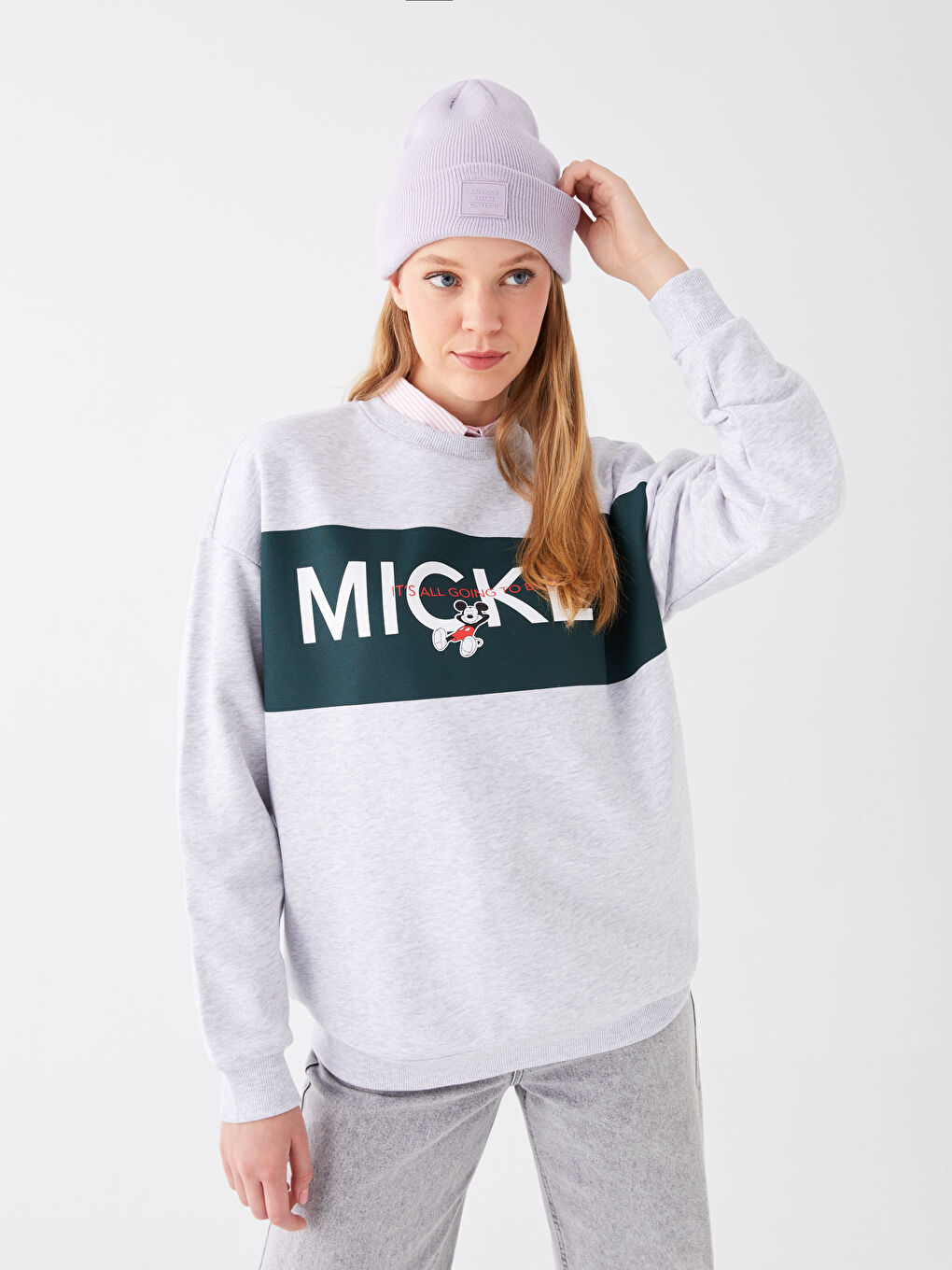 LCW Vision Gri Melanj Bisiklet Yaka Mickey Mouse Baskılı Uzun Kollu Oversize Kadın Sweatshirt