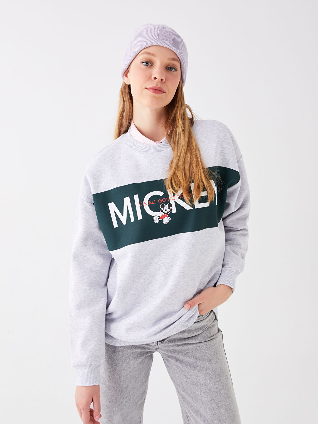 LCW Vision Gri Melanj Bisiklet Yaka Mickey Mouse Baskılı Uzun Kollu Oversize Kadın Sweatshirt - 1