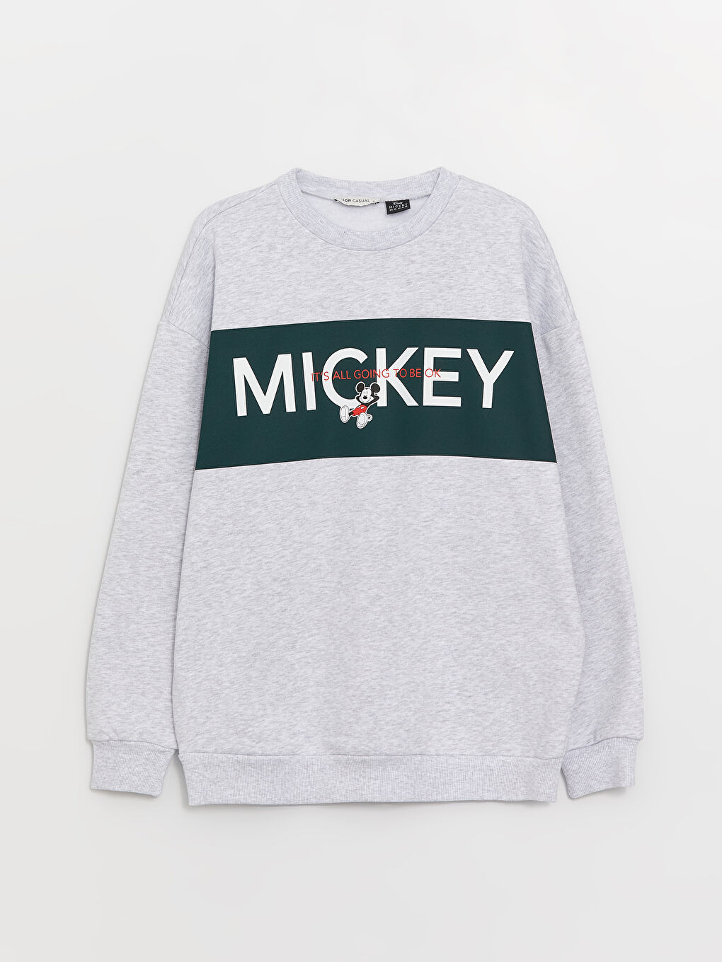 LCW Vision Gri Melanj Bisiklet Yaka Mickey Mouse Baskılı Uzun Kollu Oversize Kadın Sweatshirt - 5