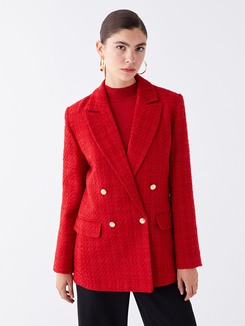 Kırmızı Kendinden Desenli Uzun Kollu Kadın Blazer Ceket