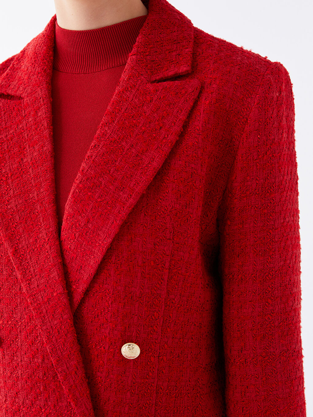 Kırmızı Kendinden Desenli Uzun Kollu Kadın Blazer Ceket-3