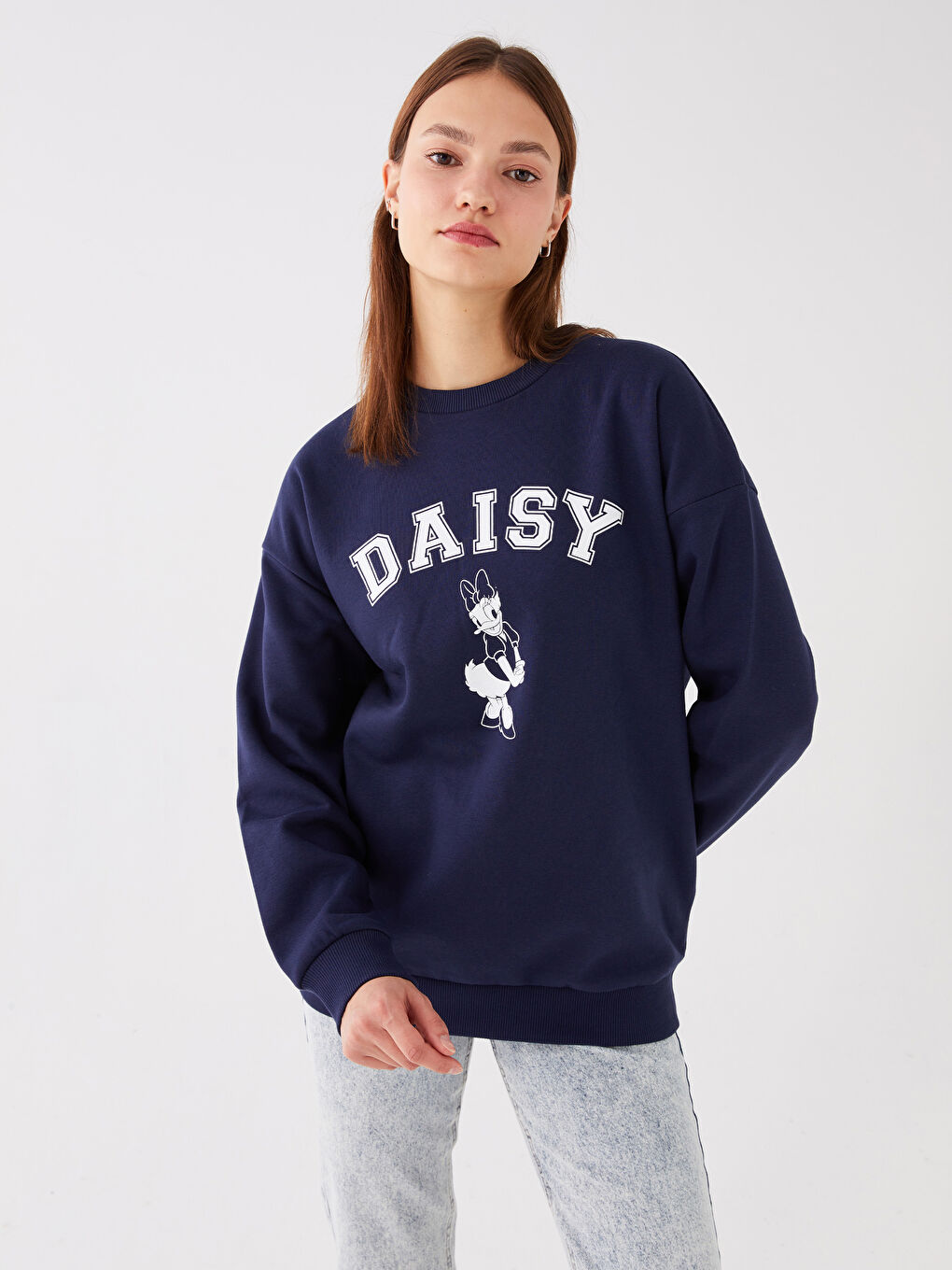 LCW Vision Lacivert Bisiklet Yaka Daisy Duck Baskılı Oversize Kadın Kalın Sweatshirt