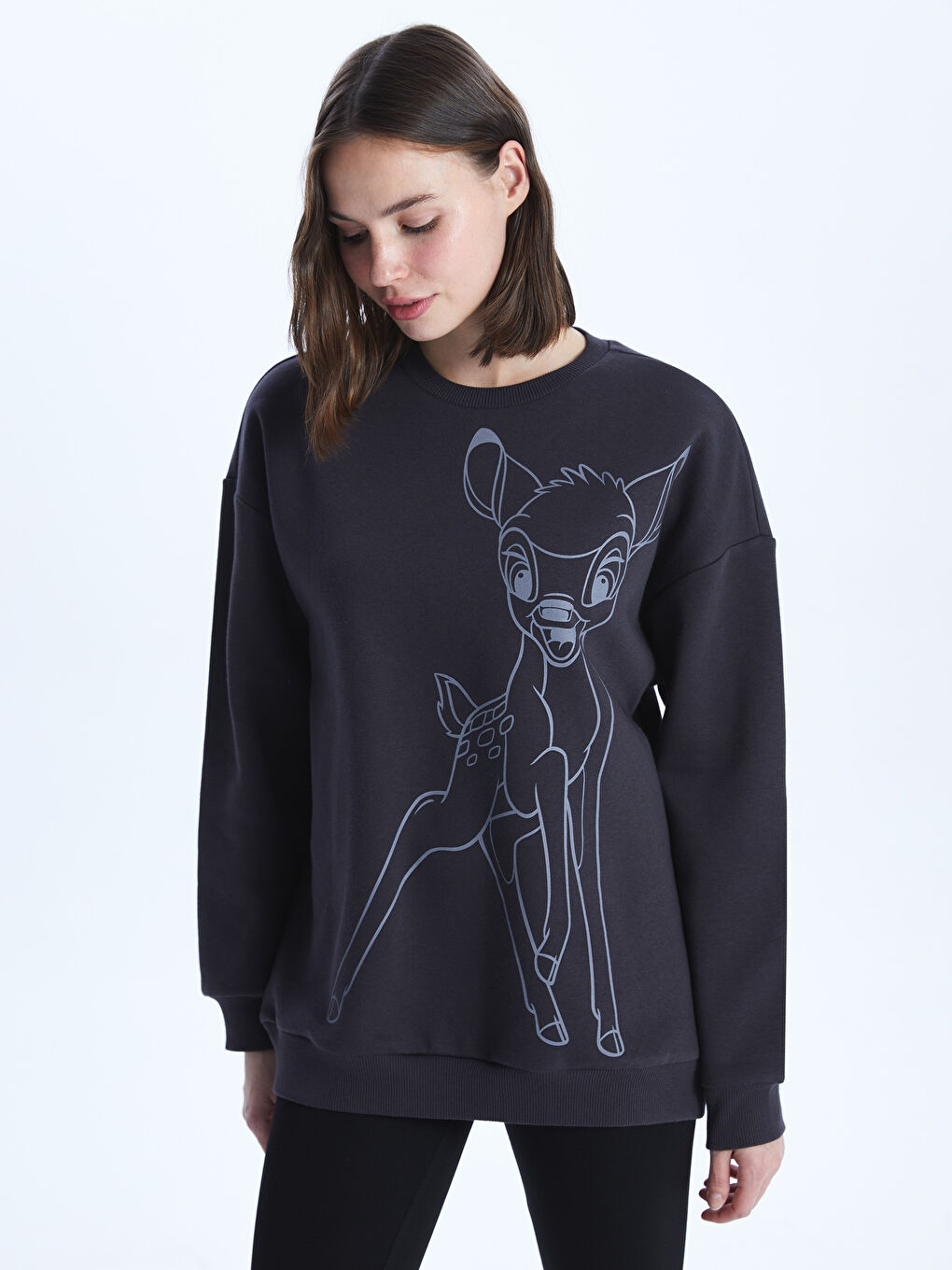 LCW Vision Antrasit Bisiklet Yaka Bambi Baskılı Oversize Kadın Kalın Sweatshirt - 1