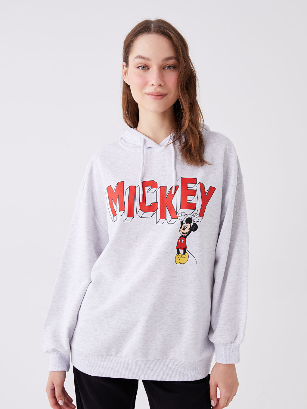 LCW Vision Gri Melanj Mickey Mouse Baskılı Oversize Kadın Kalın Hoodie