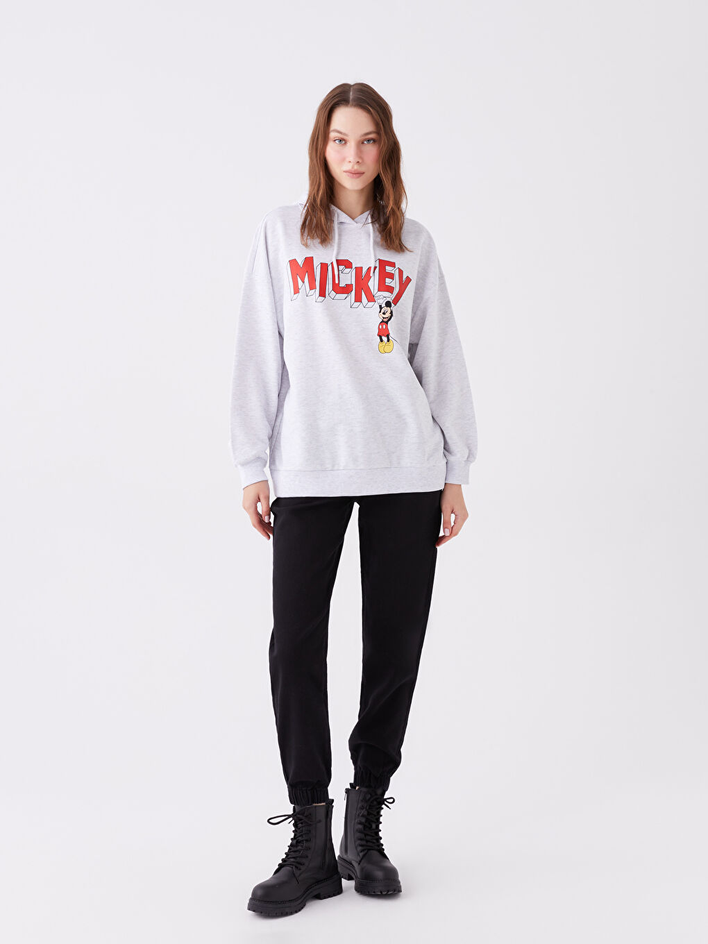 LCW Vision Gri Melanj Mickey Mouse Baskılı Oversize Kadın Kalın Hoodie - 1