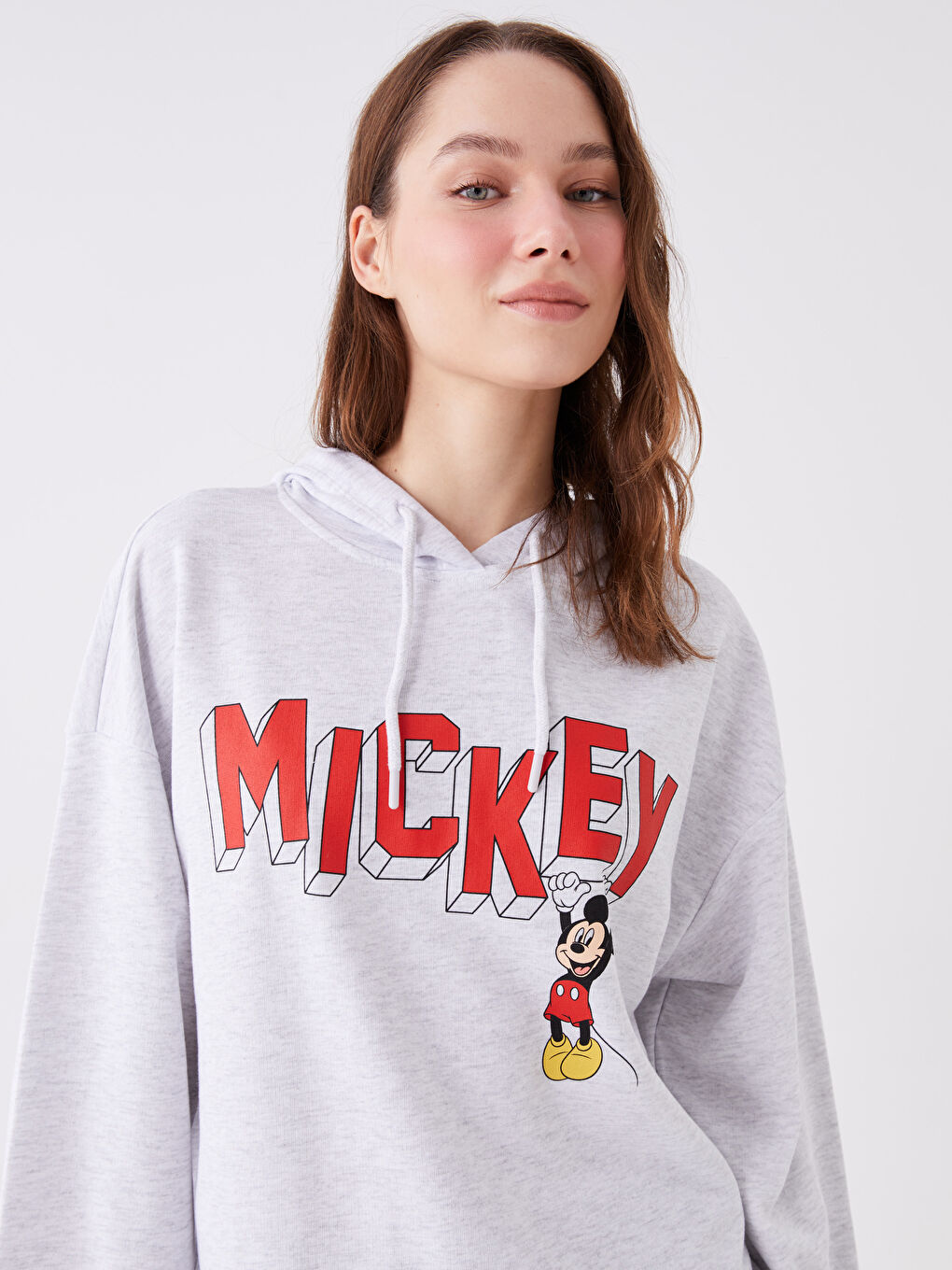 LCW Vision Gri Melanj Mickey Mouse Baskılı Uzun Kollu Oversize Kadın Hoodie - 2