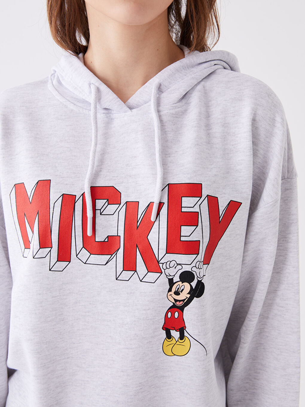 LCW Vision Gri Melanj Mickey Mouse Baskılı Uzun Kollu Oversize Kadın Hoodie - 3