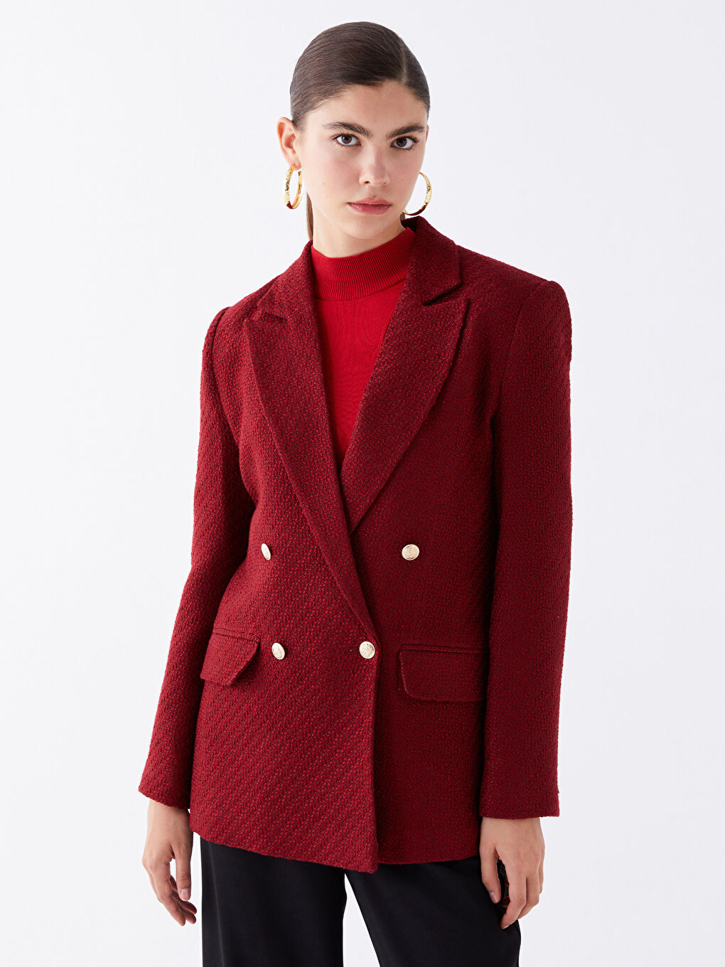 Bordo Desenli Uzun Kollu Kadın Tüvit Blazer Ceket-1