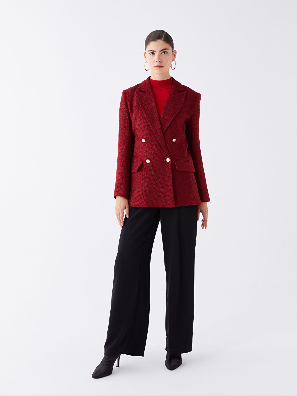 Bordo Desenli Uzun Kollu Kadın Tüvit Blazer Ceket-2