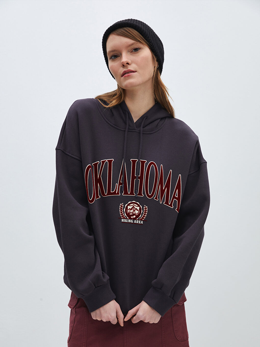 Antrasit Baskılı Uzun Kollu Oversize Kadın Hoodie