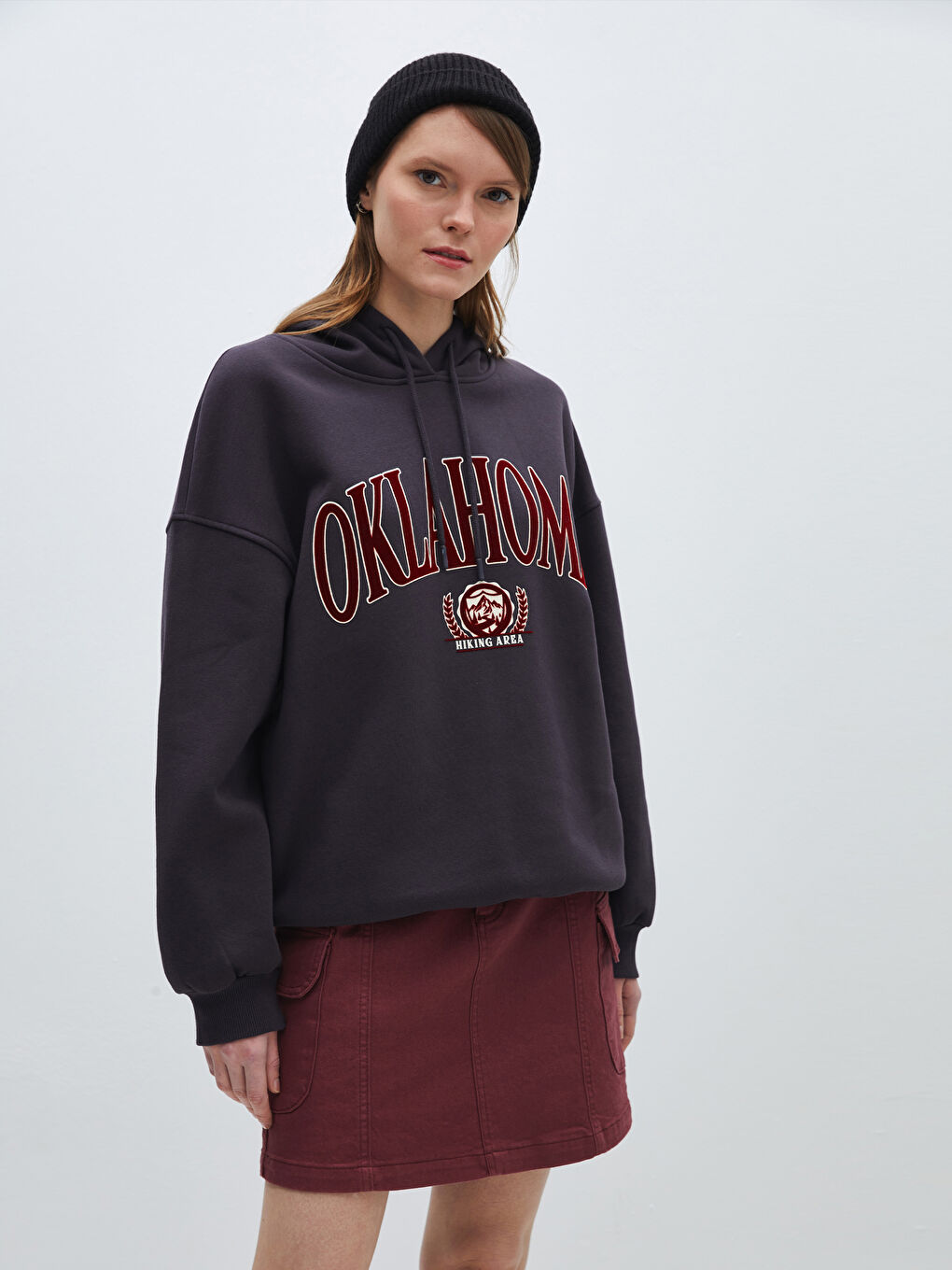 Antrasit Baskılı Uzun Kollu Oversize Kadın Hoodie-1