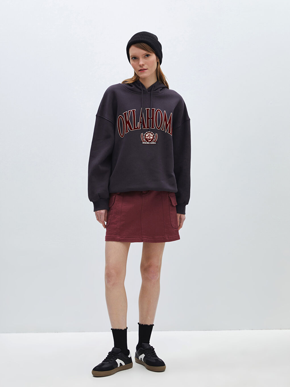 Antrasit Baskılı Uzun Kollu Oversize Kadın Hoodie-2