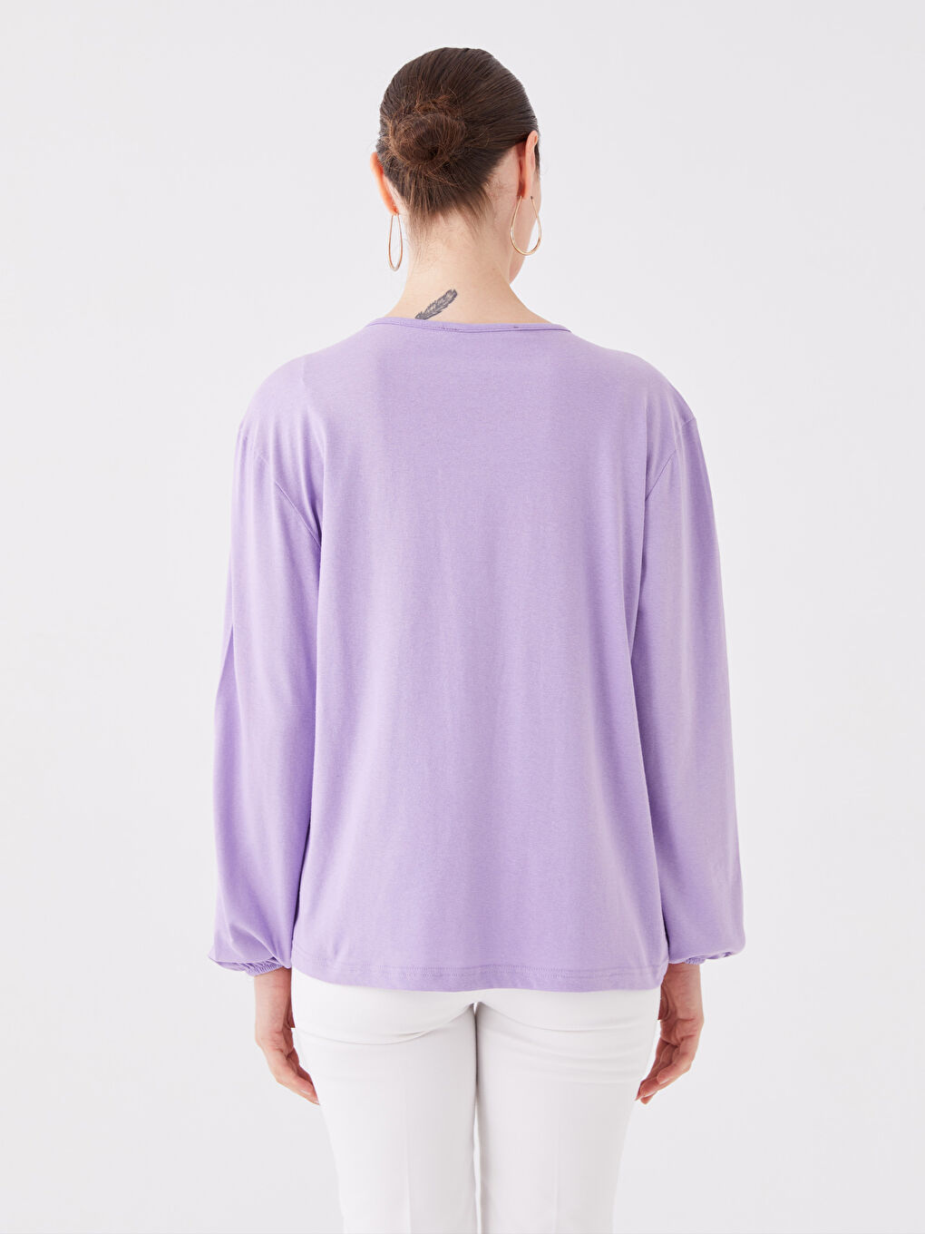 Lila Bisiklet Yaka Nakışlı Kadın Bluz-4