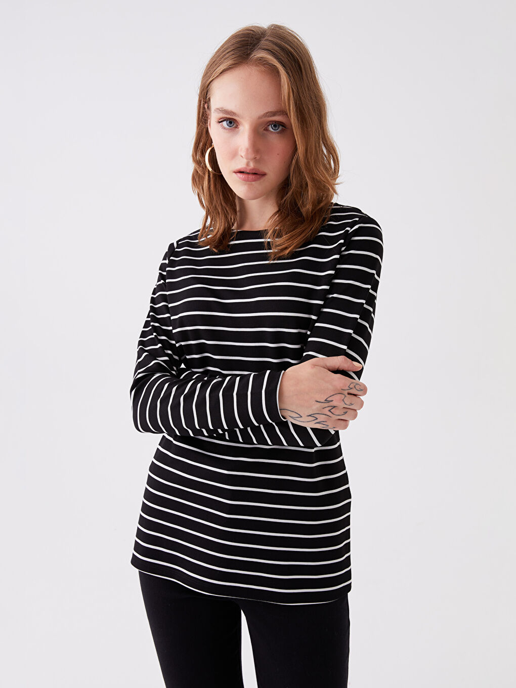 Crew Neck Striped Long Sleeve Women's T-Shirt-1