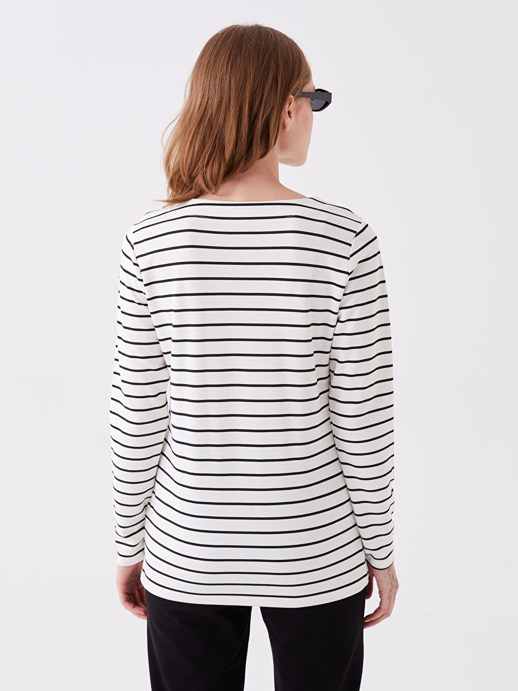 მრგვალი საყელო ზოლიანი გრძელმკლავიანი მაისური ქალებისთვის-4