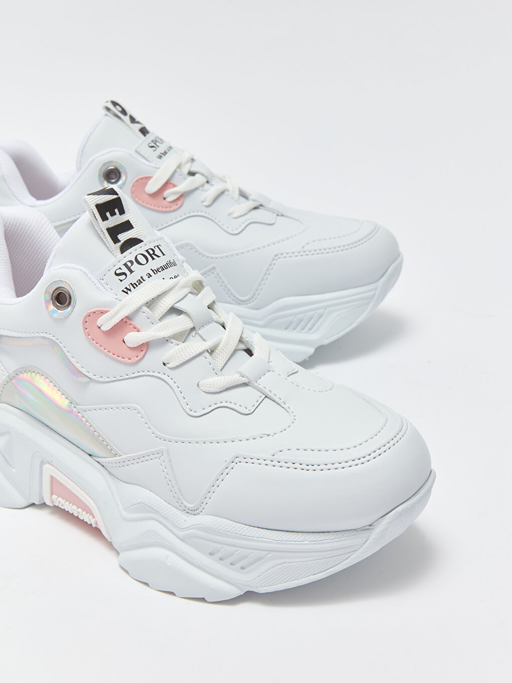 Beyaz Bağcıklı Renk Bloklu Kadın Spor Ayakkabı-1