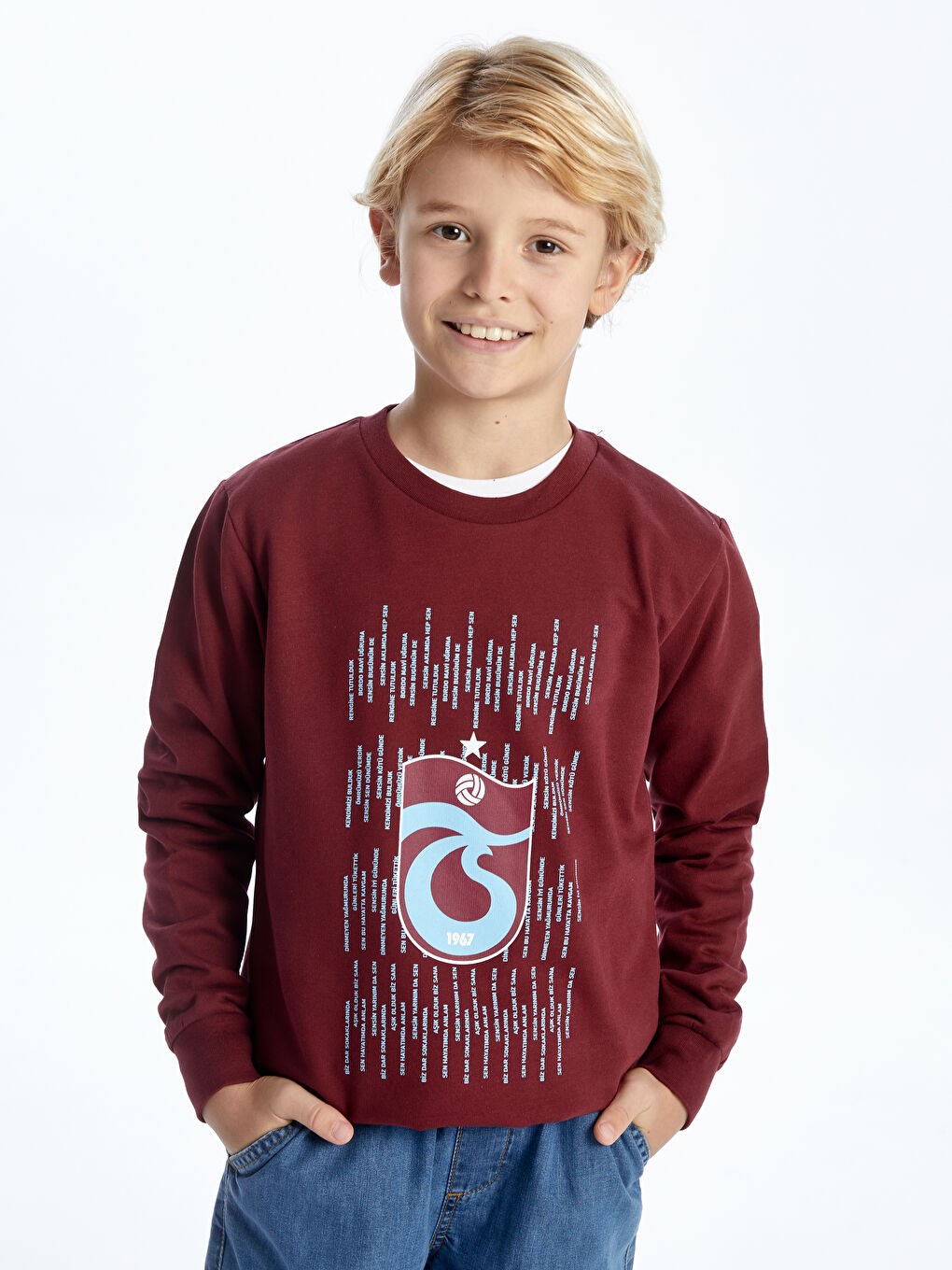 LCW Kids Bordo Bisiklet Yaka Trabzonspor Baskılı Uzun Kollu Erkek Çocuk Sweatshirt