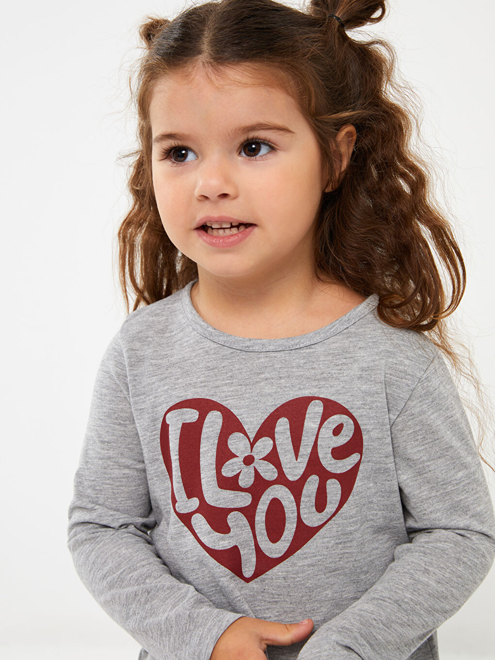 Gri Bisiklet Yaka Uzun Kollu Baskılı Kız Bebek Tişört