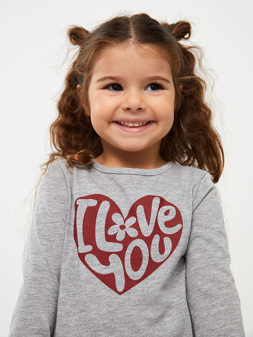 Gri Bisiklet Yaka Uzun Kollu Baskılı Kız Bebek Tişört-1