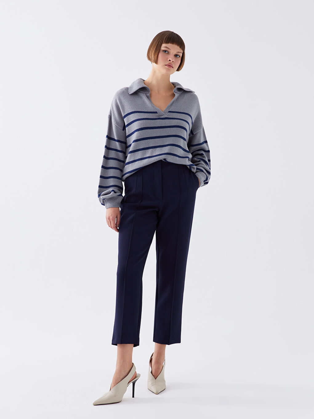 Lacivert Dar Fit Dikiş Detaylı Kadın Pantolon-1