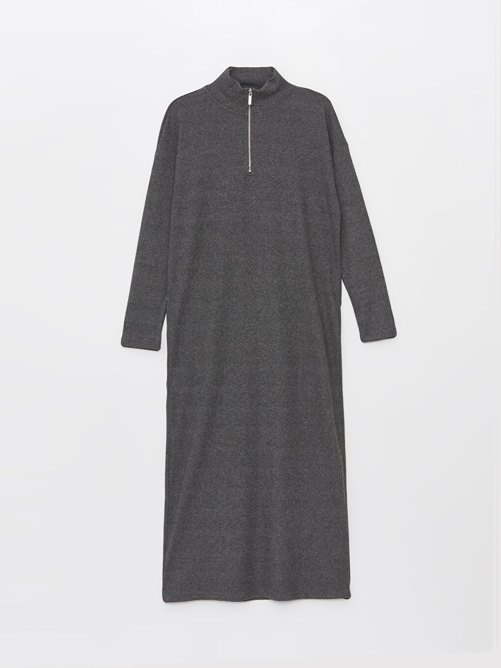 Gri Dik Yaka Düz Uzun Kollu Kadın Elbise-5