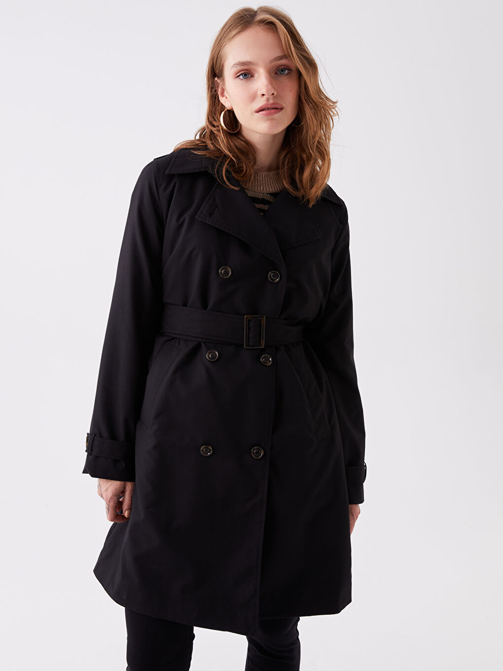 Siyah Kadın Kruvaze Yaka Düz Trençkot-1