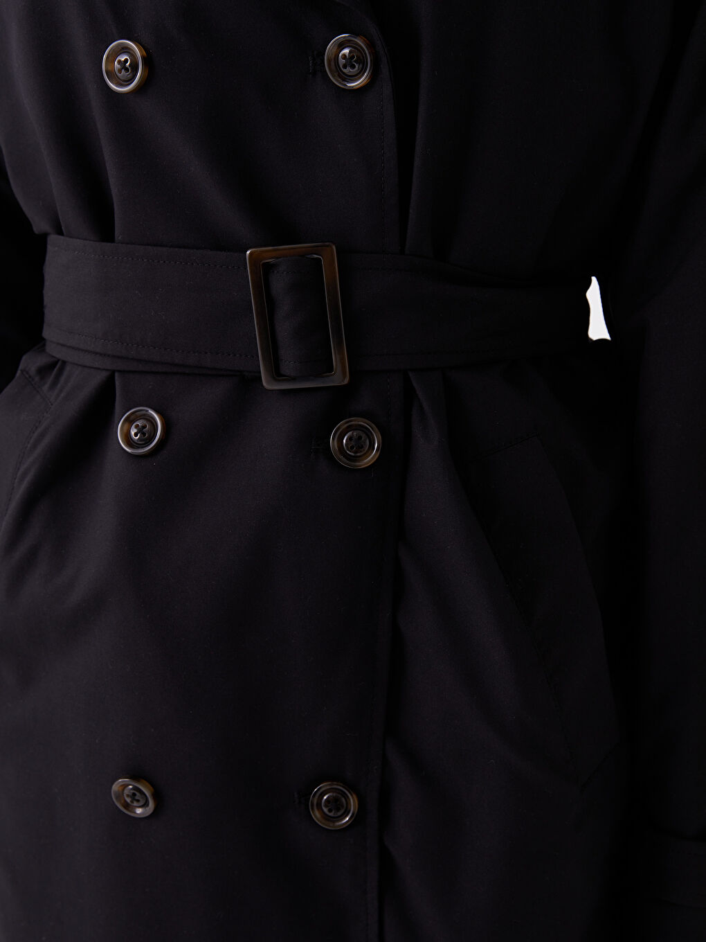 Siyah Kadın Kruvaze Yaka Düz Trençkot-4