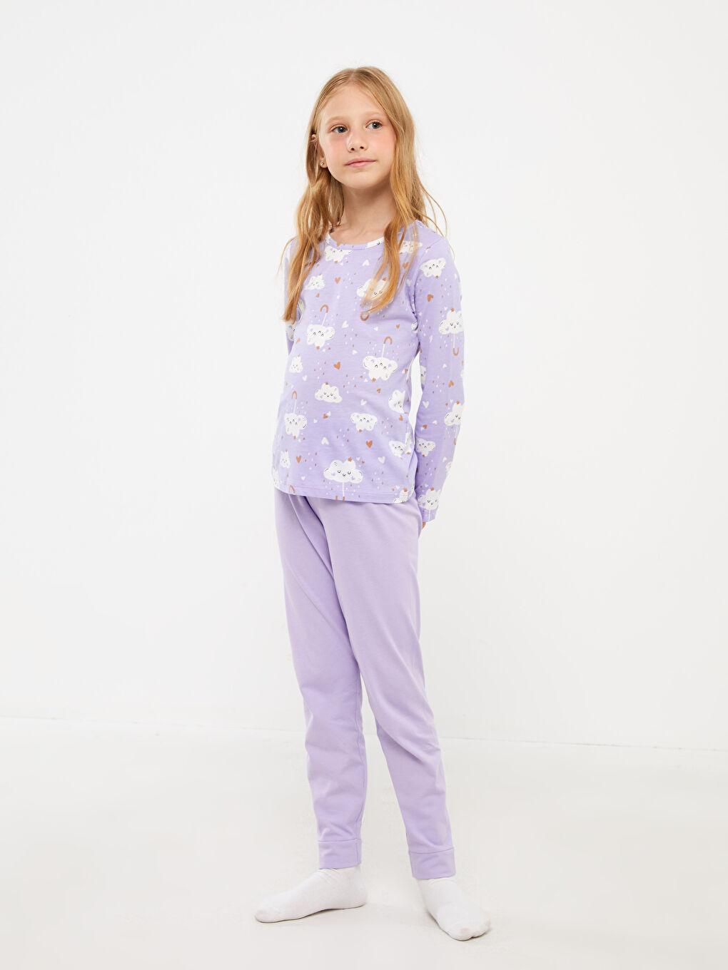 Mor Bisiklet Yaka Baskılı Uzun Kollu Kız Çocuk Pijama Takımı-1