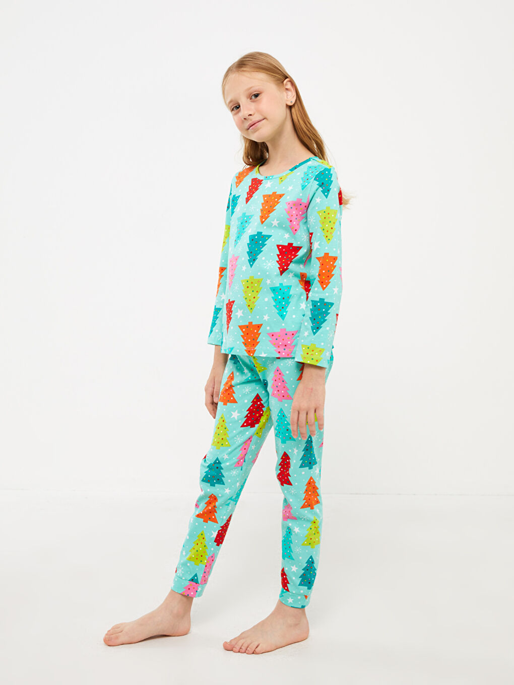 Yeşil Bisiklet Yaka Baskılı Uzun Kollu Kız Çocuk Pijama Takımı-1