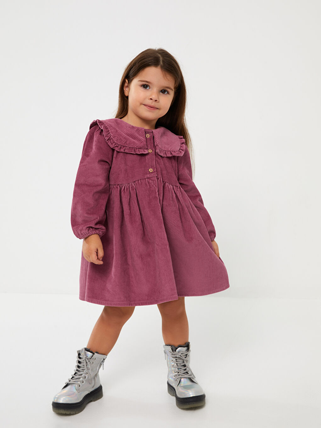 Mor Bebe Yaka Uzun Kollu Kız Bebek Kadife Elbise