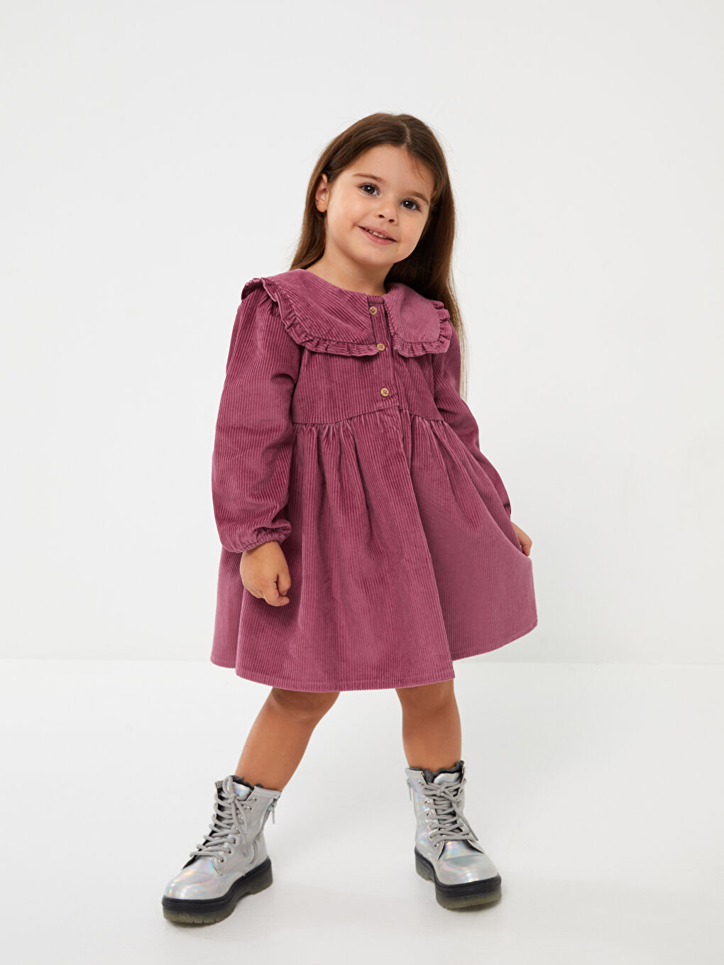 Mor Bebe Yaka Uzun Kollu Kız Bebek Kadife Elbise-1