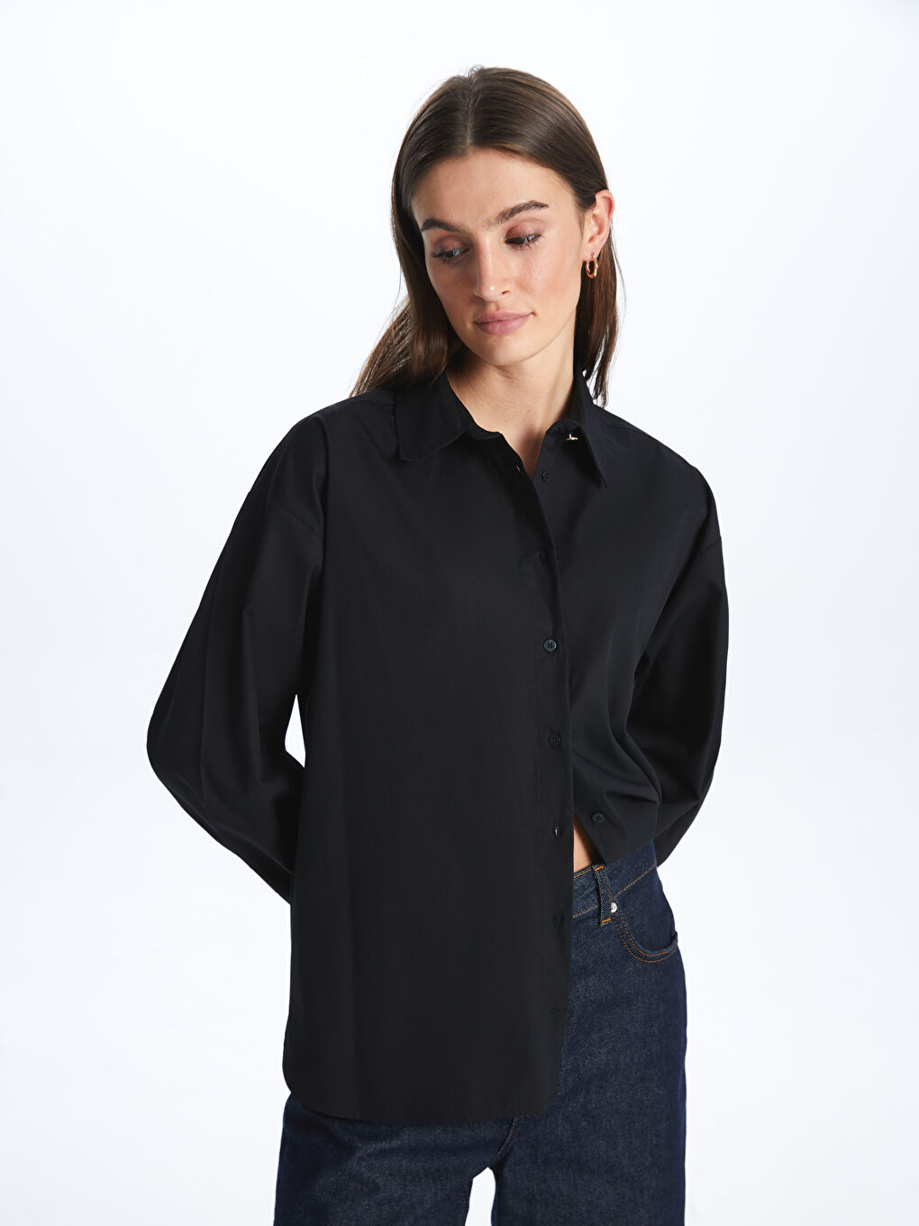 LCW Vision Siyah Oversize Poplin Kadın Gömlek - 1