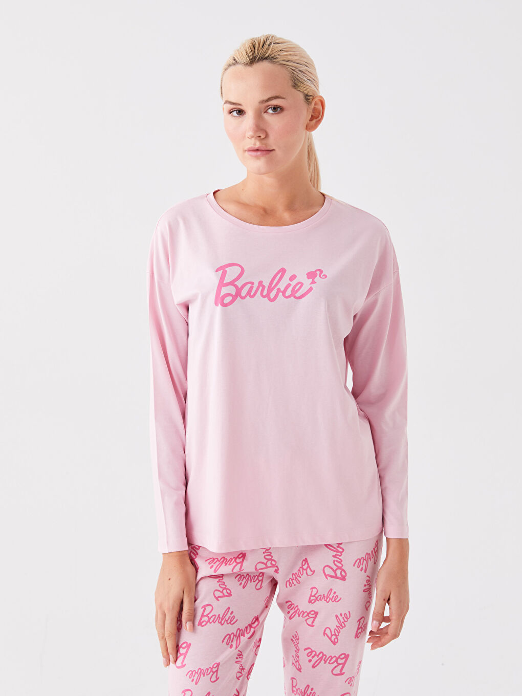 LCW Young Pembe Baskılı Bisiklet Yaka Barbie Baskılı Uzun Kollu Kadın Pijama Takımı - 2