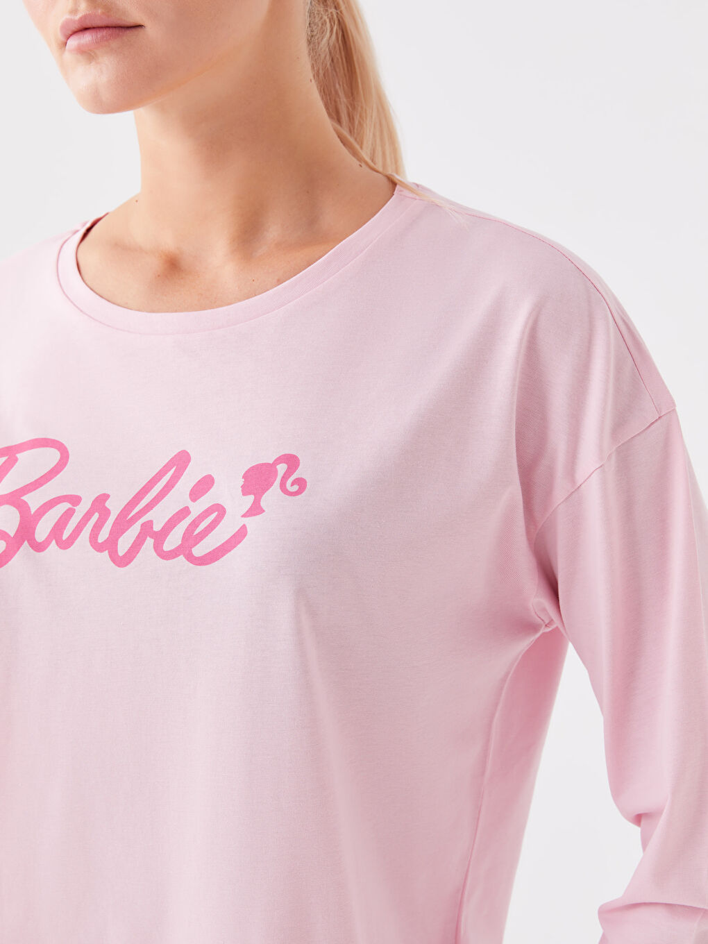 LCW Young Pembe Baskılı Bisiklet Yaka Barbie Baskılı Uzun Kollu Kadın Pijama Takımı - 3