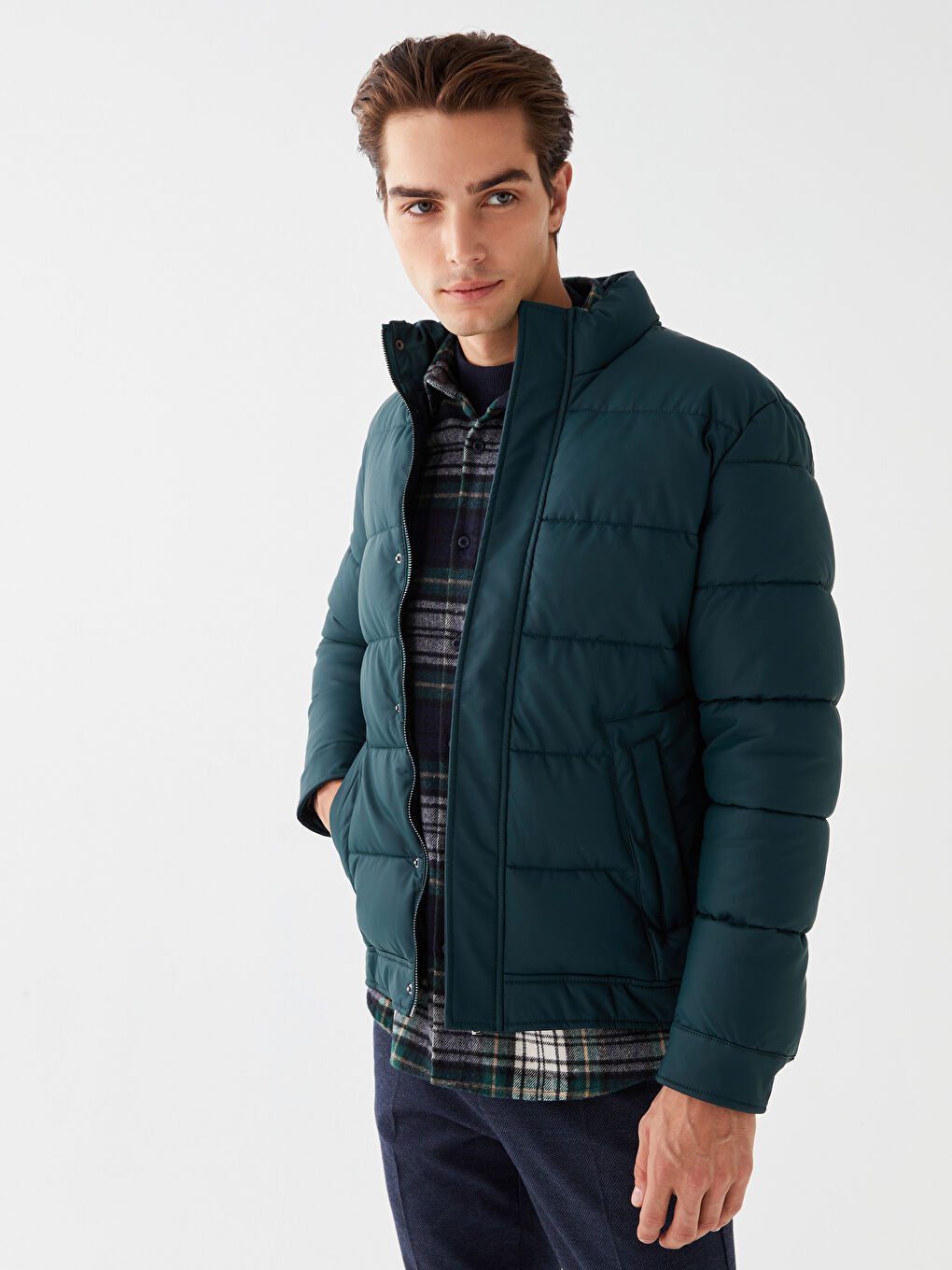 Yeşil Slim Fit Dik Yaka Erkek Şişme Mont